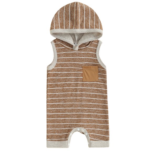 Mevireiy Baby Boys Sleeveless Hooded Jumpsuit Striped Print Pocket Romper Shorts Outfits,Brown,0-3 Months