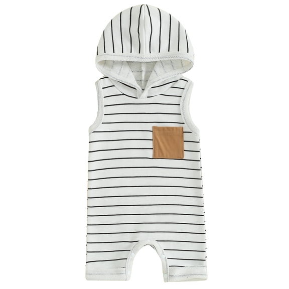 Mevireiy Baby Boys Sleeveless Hooded Jumpsuit Striped Print Pocket Romper Shorts Outfits,White,3-6 Months