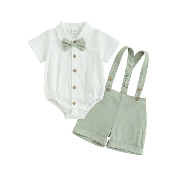 Mevireiy Baby Boys Suspender Overalls Shorts Gentleman Outfit Bow Tie Dress Shirt Tops,Green,12-18 Months