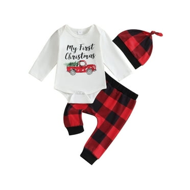 Mevireiy Baby Girl Boy Christmas Outfits Long Sleeve Romper Pants with Hat Pajamas Set, Red, 6-12 Months