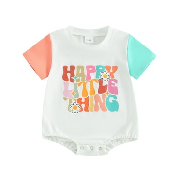Mevireiy Baby Girl Bubble Romper Short Sleeve Letter Print Contrast Color Onesie Bodysuit, Multi-color, 12-18 Months