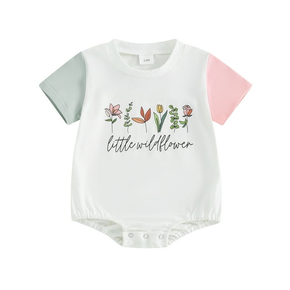 Mevireiy Baby Girl Bubble Romper Short Sleeve Letter Print Contrast Color Onesie Bodysuit, White, 3-6 Months