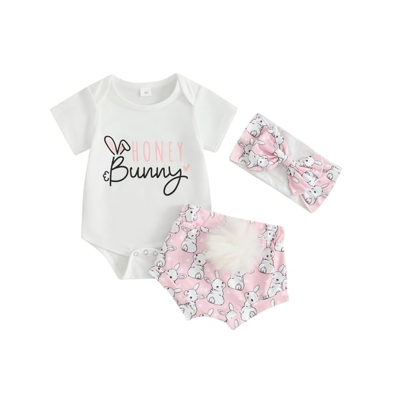 Mevireiy Baby Girl Easter Outfits T Shirt Romper Bunny Ruffled Shorts with Pompoms Tail,White,3-6 Months
