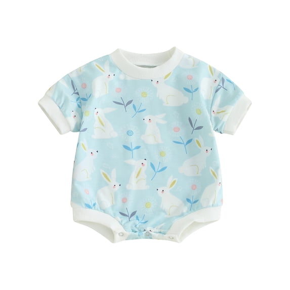 Mevireiy Baby Girl Easter Summer Romper Bunny Print Short Sleeve Onesie Bodysuit Outfits,Blue,3-6 Months
