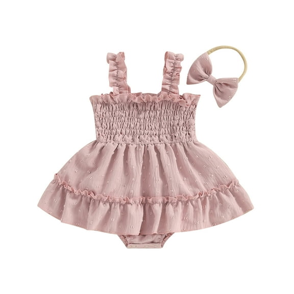 Mevireiy Baby Girl Ruched Sleevelss Halter Romper Dress Swiss Dots Skirt Hem Tutu Dresses, Pink, 3-6 Months