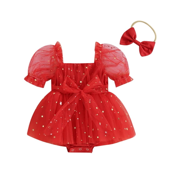 Mevireiy Baby Girl Sequins Romper Dress Bow-knot Layered Tulle Tutu Bodysuit Onesie, Red, 12-18 Months