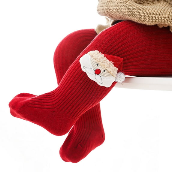 Mevireiy Baby Girl Tights Thick Cable Knit Leggings Warm Stockings Elk Santa Cotton Pantyhose, Red, 6-12 Months
