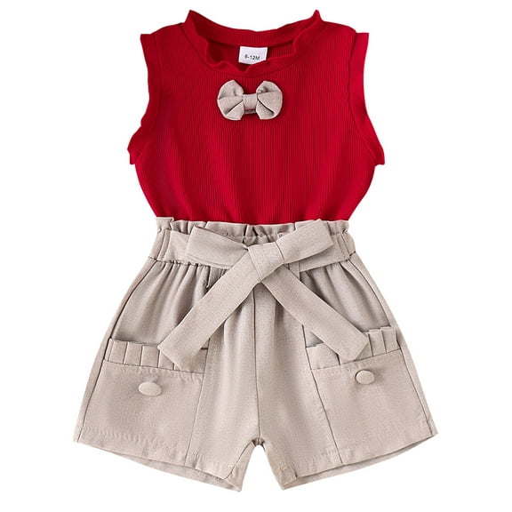 Mevireiy Baby Girls 2Pcs Cute Outfits Frill Sleeveless Bow Knit Tank Tops Belted Shorts