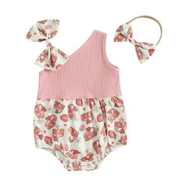 Mevireiy Baby Girls Bubble Romper Ribbed Knit Floral Print Patchwork Onesie Bodysuit, Pink, 6-12 Months