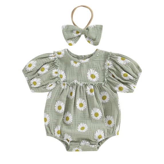 Mevireiy Baby Girls Daisy Bubble Romper Short Sleeve Onesie Bodysuit Summer Outfits,Green,12-18 Months