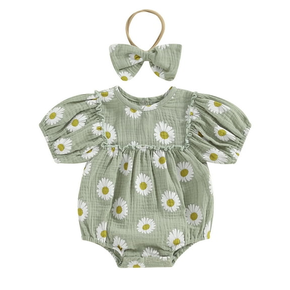 Mevireiy Baby Girls Daisy Bubble Romper Short Sleeve Onesie Bodysuit Summer Outfits,Green,12-18 Months