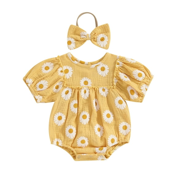 Mevireiy Baby Girls Daisy Bubble Romper Short Sleeve Onesie Bodysuit Summer Outfits,Yellow,12-18 Months