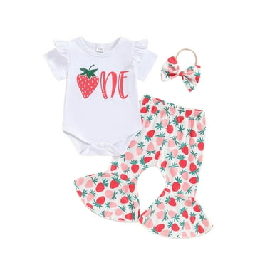 Mevireiy Baby Girls First Birthday Outfits Short Sleeve Fruit Print Romper Tops Elastic Waist Flared Pants