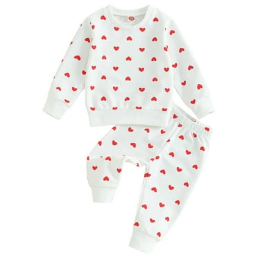 Mevireiy Baby Girls Heart Print Long Sleeve Pullover Sweatshirt Tops Elastic Sweatpants, White, 3-6 Months
