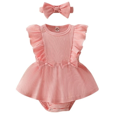 Mevireiy Baby Girls Ribbed Knit Romper Dress Solid Color Sleeveless Bowknot Bodysuit, Pink, 12-18 Months