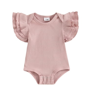 Mevireiy Baby Girls Ribbed Knit Romper Solid Color Short Sleeve Summer Casual Bodysuit,Pink,12-18 Months