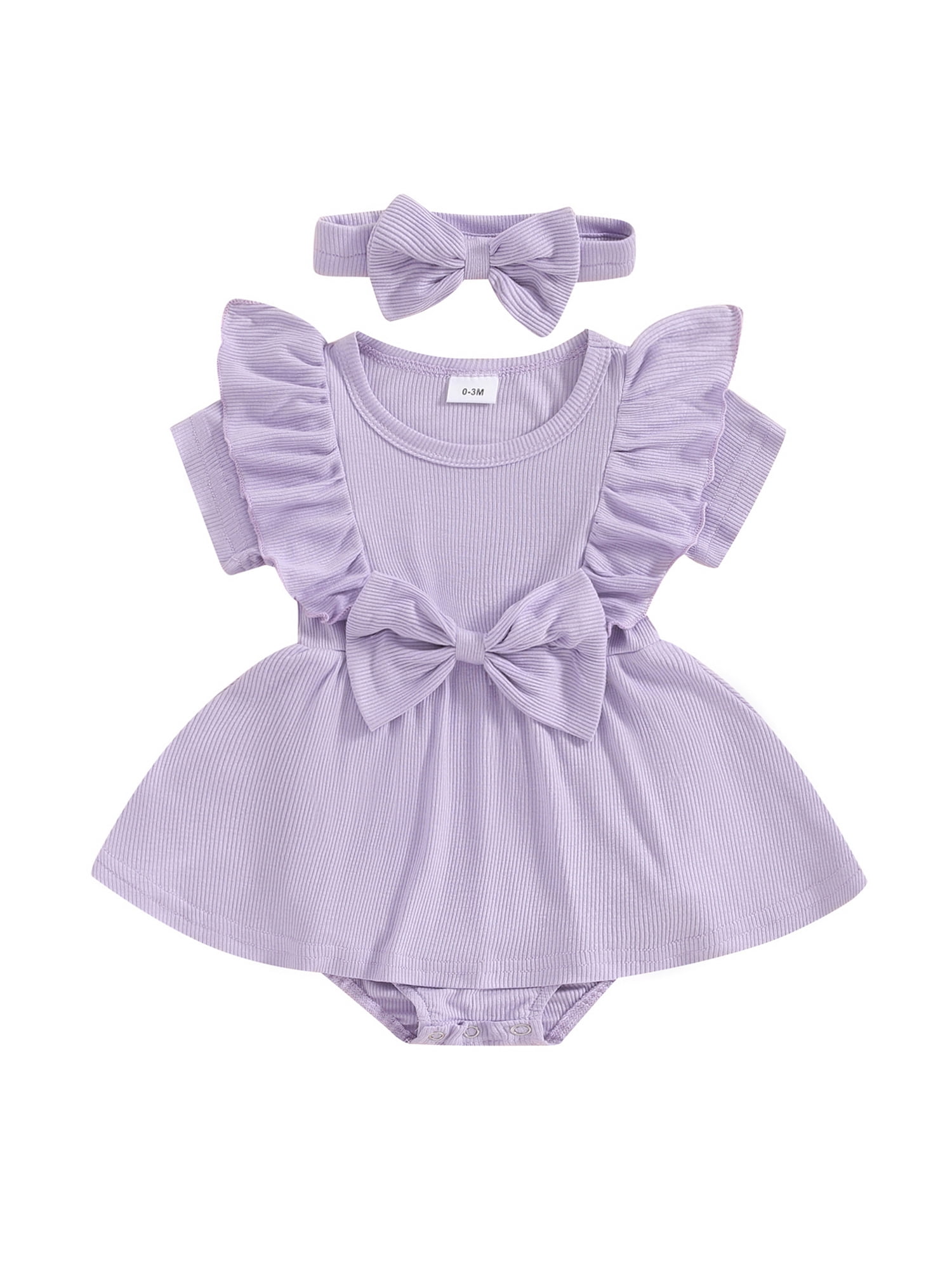 Mevireiy Baby Girls Romper Dress Solid Color Ribbed Knit Ruffled Skirt ...