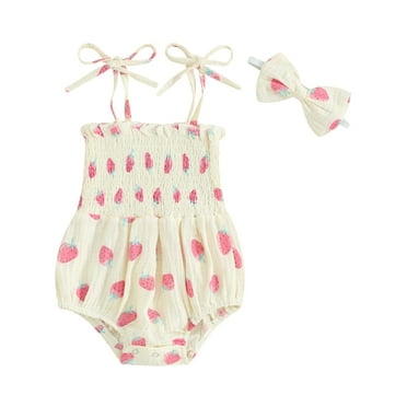Mevireiy Baby Girls Ruched Romper Sleeveless Tie-Up Halter Strawberry Onesie Bodysuit, Pink, 0-6 Months