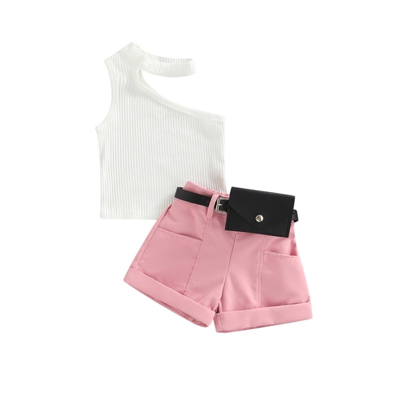 Mevireiy 3 Pcs Toddler Baby Girls Outfits Sleeveless Ribbed Knit Halter Tops Shorts Waist Bag