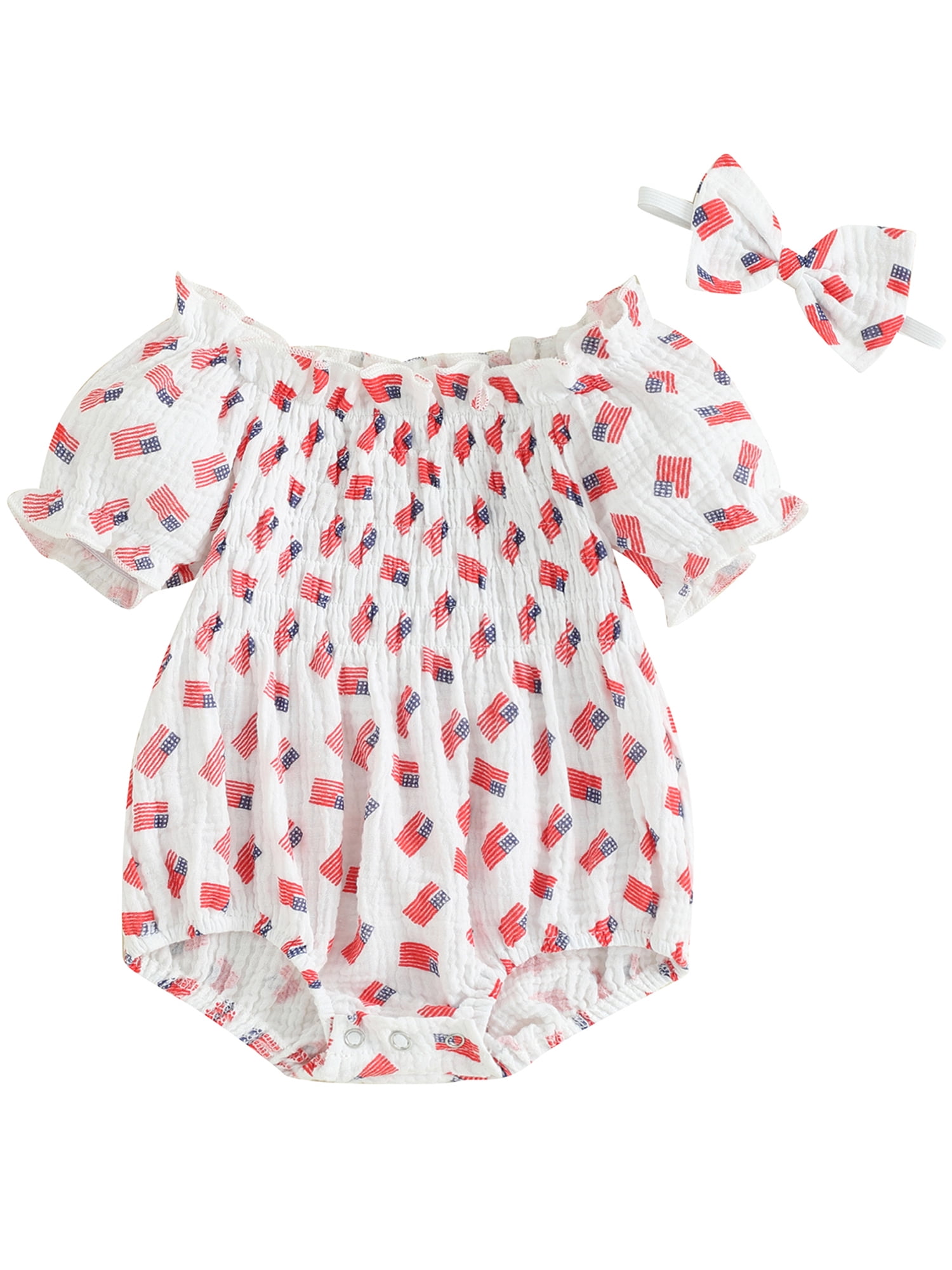 My First 4th Of July Baby Girl Outfit Set - American Flag Romper With Star Shorts & Headband
