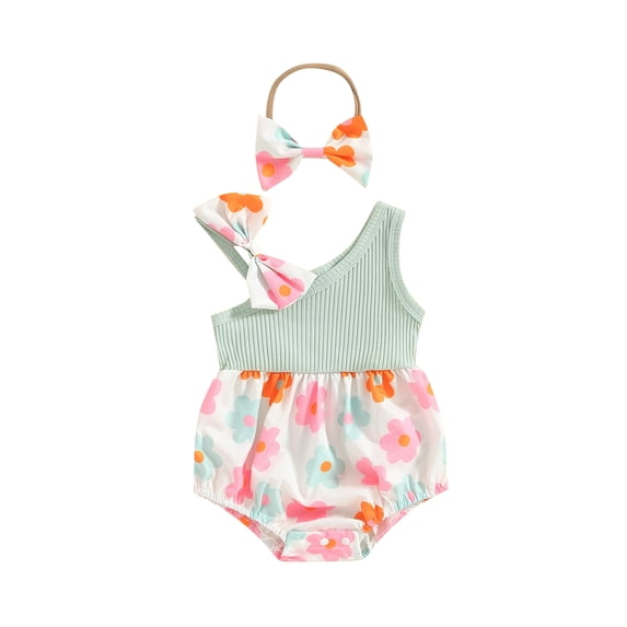 Mevireiy Newborn Baby Girl Bubble Romper Ribbed Knit Floral Sleeveless Strap One Shoulder Bodysuit