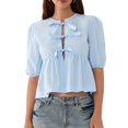 thumbnail image 1 of Mevireiy Tie Front Tops for Women, 3/4 Length Puff Sleeve Y2K Peplum Babydoll Going Out Blouse Tops, Blue, S, 1 of 7