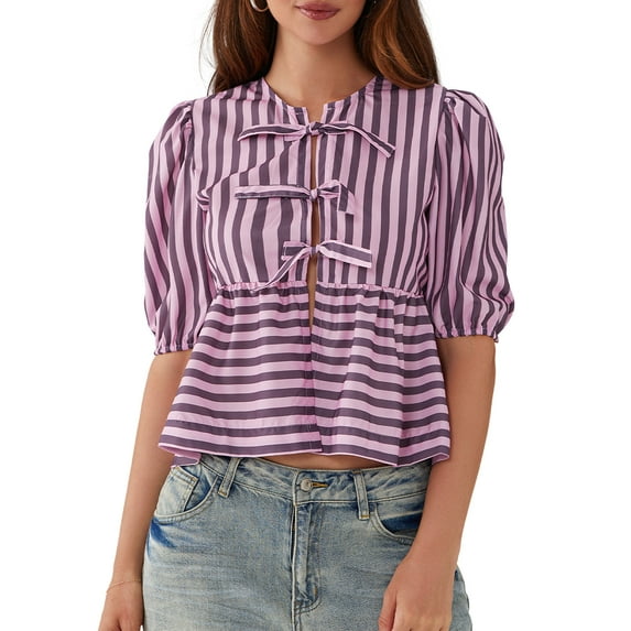 Mevireiy Tie Front Tops for Women, 3/4 Length Puff Sleeve Y2K Peplum Babydoll Going Out Blouse Tops, Purple, L