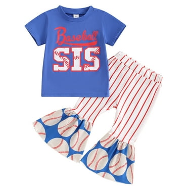 Mevireiy Toddler Baby Girls Baseball Outfits Short Sleeve T Shirt Tops Striped Elastic Waist Flared Pants