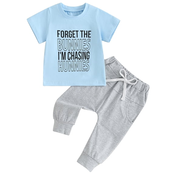 Mevireiy Toddler Boy Easter Summer Outfits Bunny Print T Shirt Tops Elastic Waist Shorts,Blue,18-24 Months