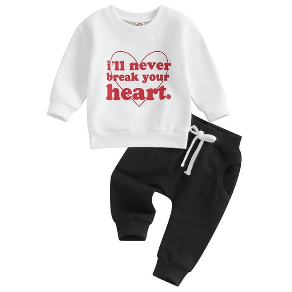 Mevireiy Toddler Boy Valentine's Day Outfits Letter Print Long Sleeve Pullover Tops Pants, White, 18-24 Months