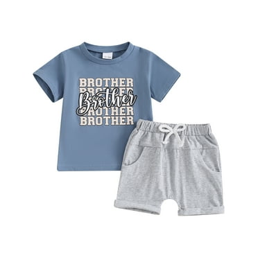 Mevireiy Toddler Boys Brother Matching Outfits Letter Print T-Shirt Tops Elastic Shorts, Blue, 12-18 Months