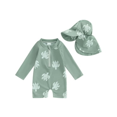Mevireiy Toddler Boys Rash Guard Swimsuit Dinosaur Print Zipper Bathing Suit with Sun Hat, Green, 6-12 Months