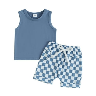 Mevireiy Toddler Boys Summer Outfits Sleeveless Tank Tops Checkerboard Print Shorts Suit,Blue,6-12 Months