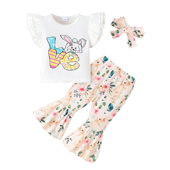 Mevireiy Toddler Easter Bunny Outfit Short Sleeve Letter Print T-shirt Tops Flared Pants,Apricot,18-24 Months