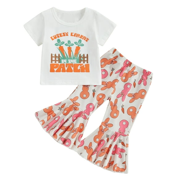 Mevireiy Toddler Easter Bunny Outfit Short Sleeve Letter Print T-shirt Tops Flared Pants,White,18-24 Months
