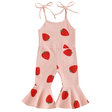 Mevireiy Toddler Girls Bell Bottom Jumpsuit Sleeveless Romper Strawberry Halter Pants Overalls