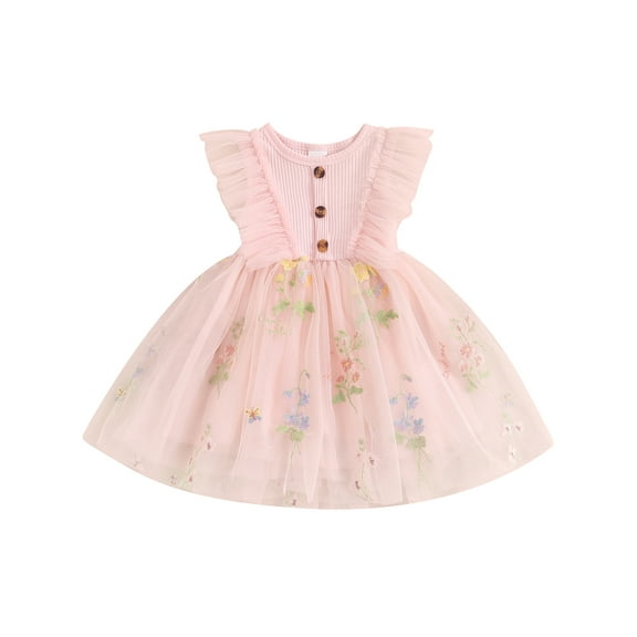 Mevireiy Toddler Girls Fairy Tulle Dress Ribbed Knit Floral Embroidery Tutu Dresses