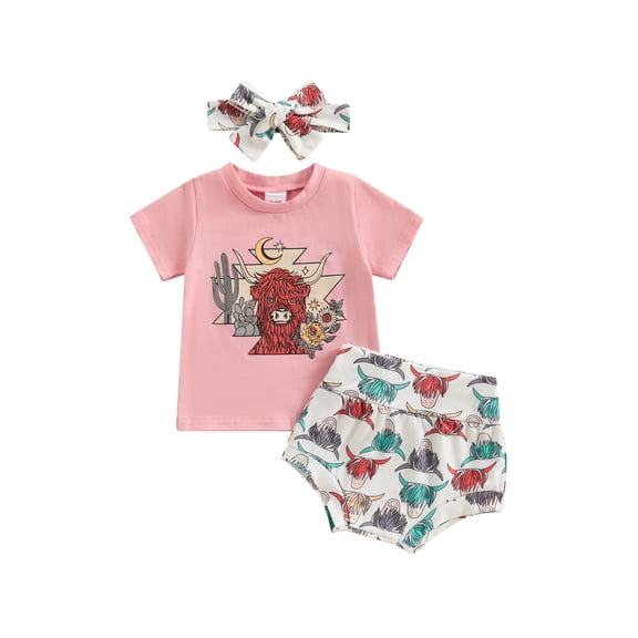 Mevireiy Western Baby Girls Outfits Short Sleeve T Shirt Tops Cow Boots Print Shorts,Pink,2-3 Years