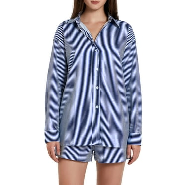 Mevireiy Women Shorts Set, Long Sleeve Shirt with Waist Tie Shorts Striped Set 2-piece Outfit
