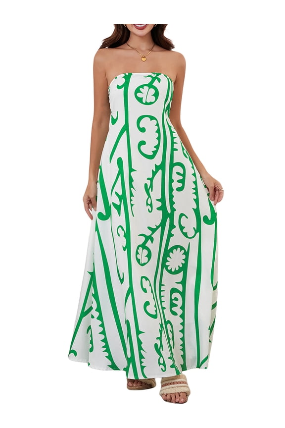 Women Strapless Tube Dress Abstract Printed Flowy Off Shoulder Y2K Beach Bandeau Dresses