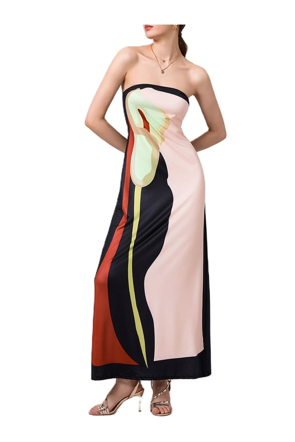 Women Strapless Tube Dress Abstract Printed Flowy Off Shoulder Y2K Beach Bandeau Dresses
