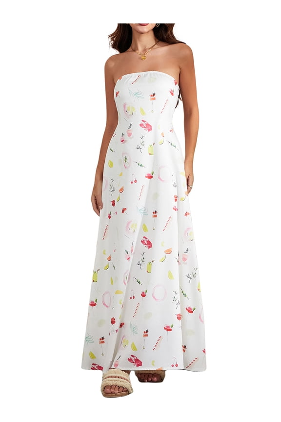 Women Strapless Tube Dress Abstract Printed Flowy Off Shoulder Y2K Beach Bandeau Dresses