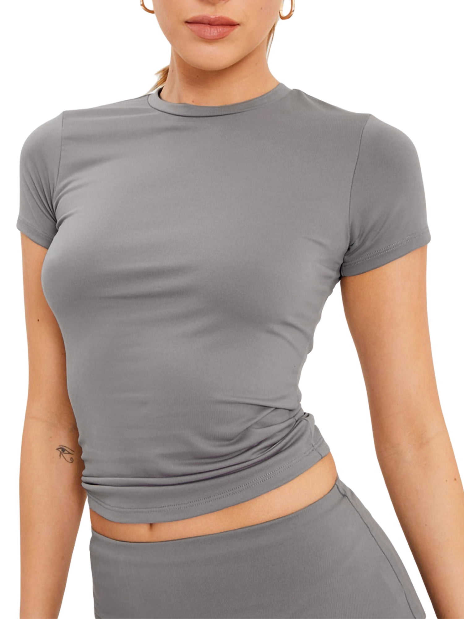 Mevireiy Women Summer Basic Tees Tight Fitted T-Shirt Short Sleeve 