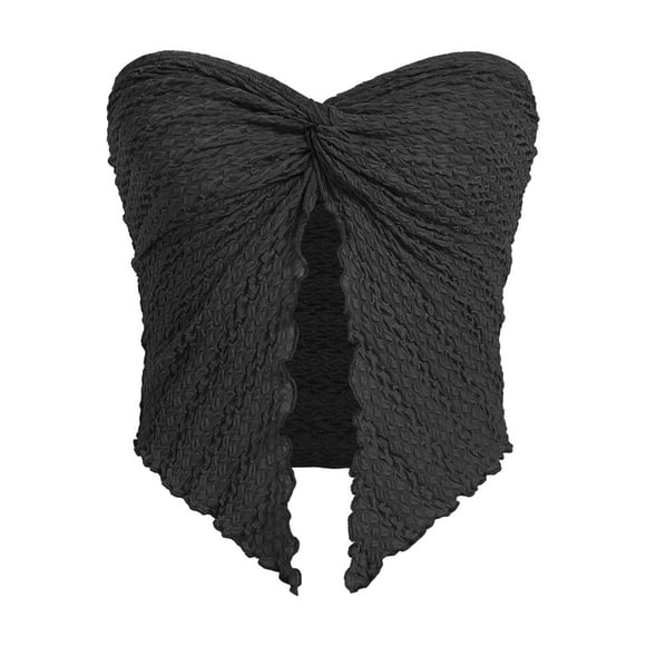 Mevireiy Women Twist Knot Front Texture Bandeau Top Strapless Lettuce Trim Tube Crop Corset Tops, Black, S