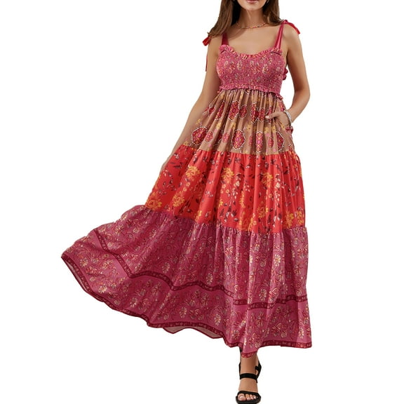 Mevireiy Women Y2K Flowy Smocked Maxi Dress Sleeveless Tie Shoulder Boho Floral Beach Sundresses