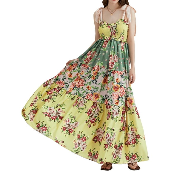 Mevireiy Women Y2K Flowy Smocked Maxi Dress Sleeveless Tie Shoulder Boho Floral Beach Sundresses