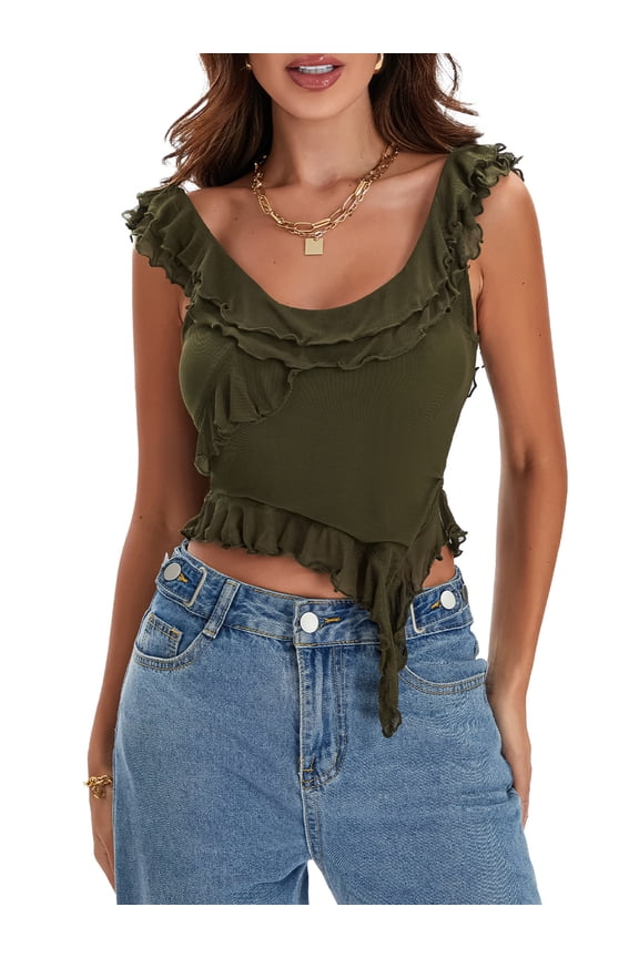 Women Y2K Going Out Crop Tops Mesh Ruffle Hem Asymmetrical Low Cut Party Tank Tops, Green, M