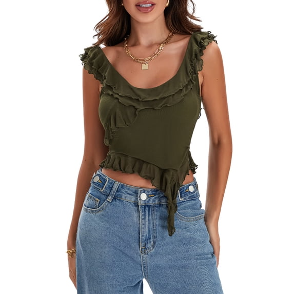 Mevireiy Women Y2K Going Out Crop Tops Mesh Ruffle Hem Asymmetrical Low Cut Party Tank Tops, Green, S