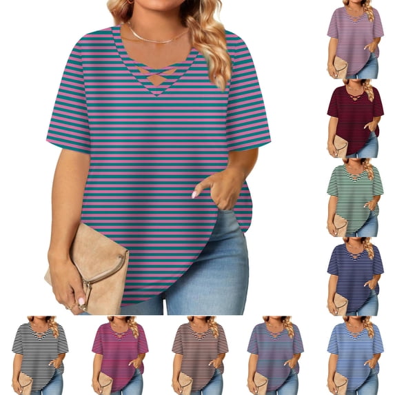 Qodauz Criss Cross V Neck T Shirts for Women Plus Size Short Sleeve T-shirt Casual Gradient Striped Summer Tops Navy 4XL