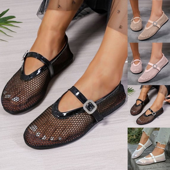 Qodauz Mesh Ballet Flats for Women Buckle Strap Comfy Round Toe Fishnet Ballerina Flat Shoes 5.5